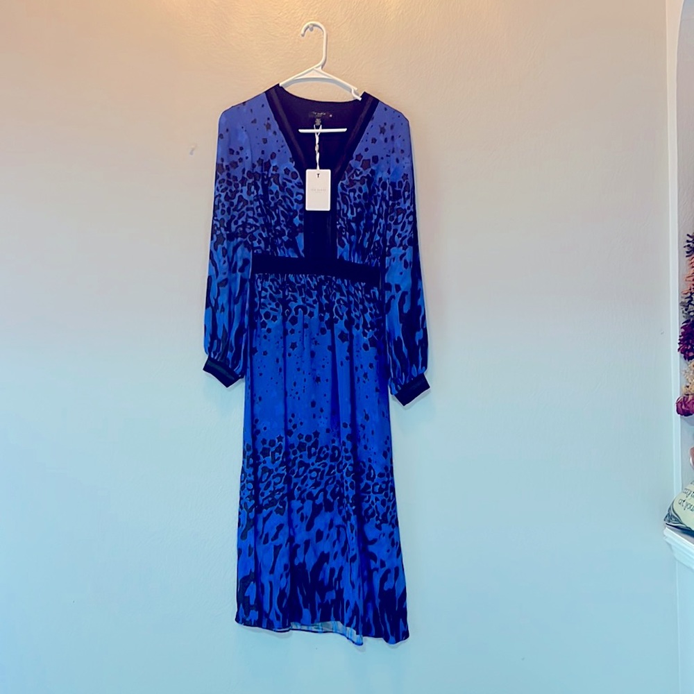 Blue Animal-Print Long Sleeve Midi Dress